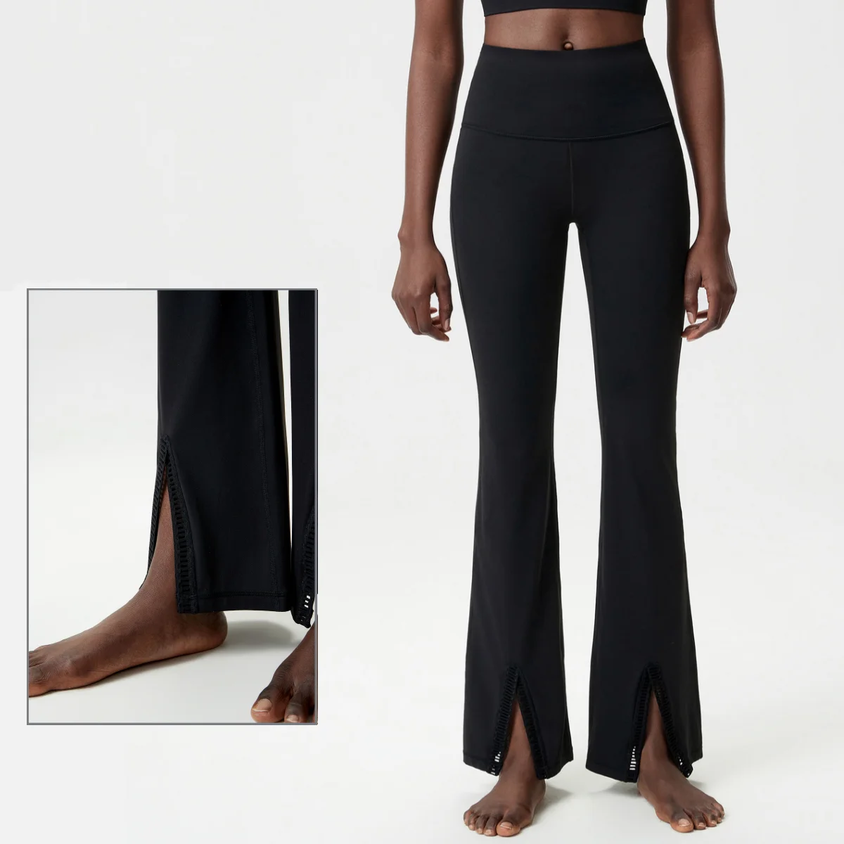 New Women Yoga Leggings High Waist Split Flare Hollow Stitch Trim Hem Tummy Control Stretch Quick‑Dry Gym Pilates Workout Pants