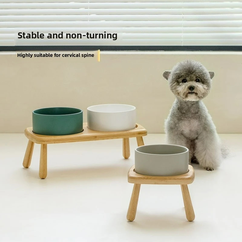 

Ceramic Dog Bowl Pet Cat Rice High Foot Anti-knock Small and Large Dog Food Bowl Cervical Spine Protection Double Pet Supplies