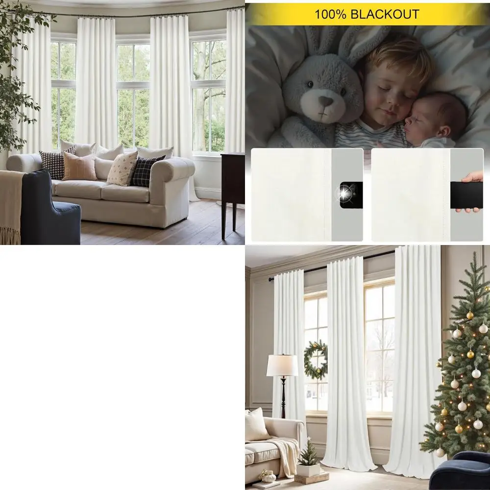 

108 Inch Wide Blackout Ivory Curtains - Soundproof & Noise Reducing for Large Windows, 52x108, 2 Panels, Off-White