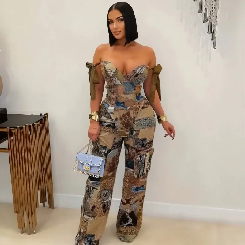 Doyerl Two Piece Set Woman Sexy Club Outfits Birthday Off Shoulder V-neck Lace-up Bandage Top and Wide Leg Pants Matching Sets view 3