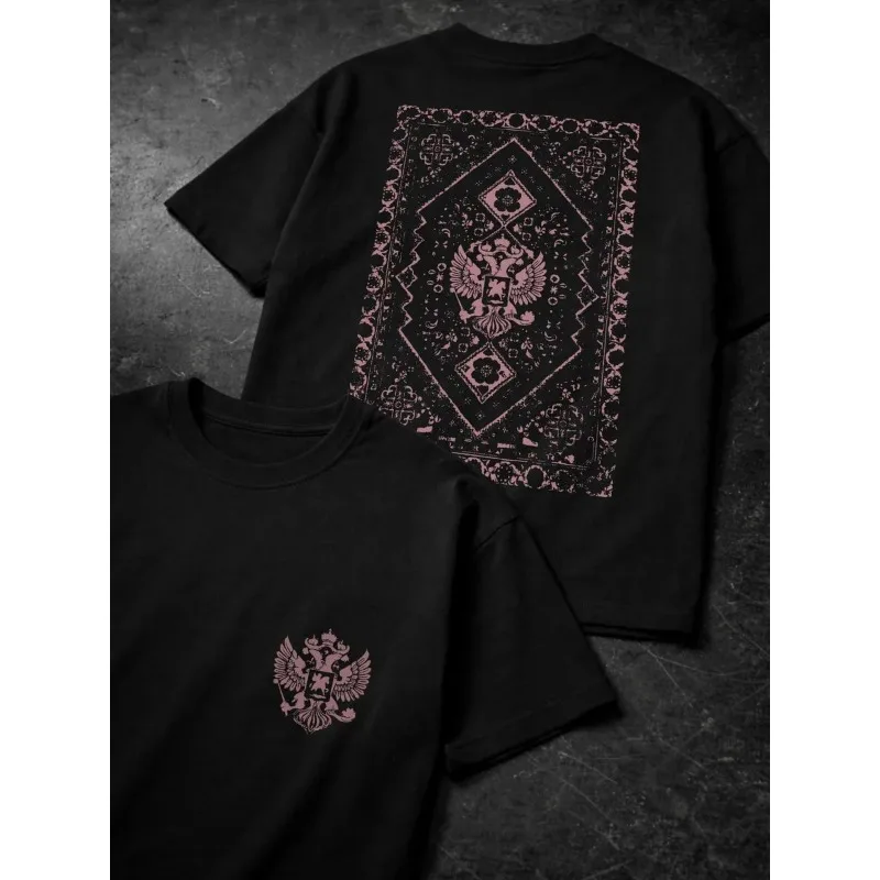 Unisex T-Shirt mit Retro-Doppeladlersymbol-Druck auf Vorder- und Rückseite, Baumwolle, Kurzarm, Casual Streetwear Oberteil – Detail 5