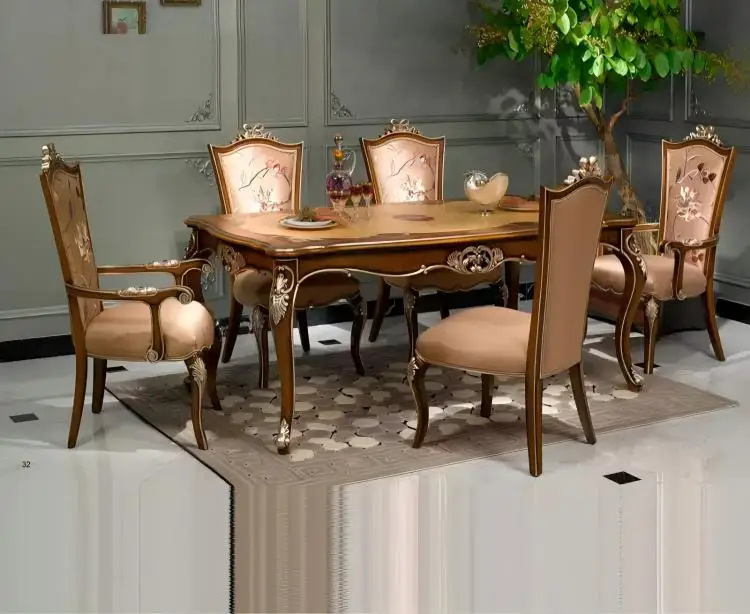 French solid wood dining table set with 6 chairs, antique hand-carved gold foil dining table, suitable for family restaurants