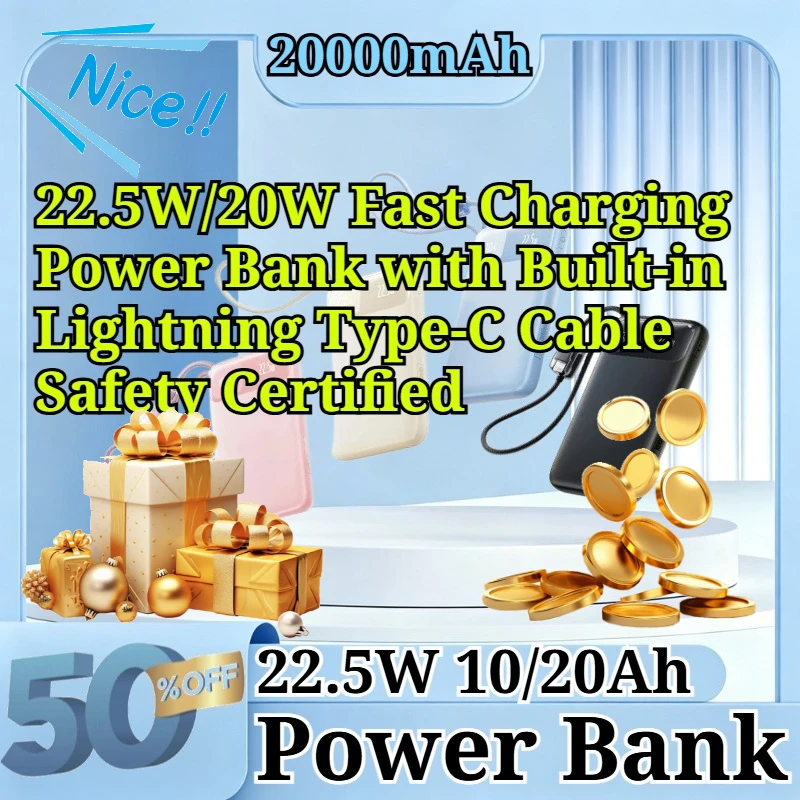 22.5W 10/20Ah PD Fast Charging Power Bank with Built-in Lightning Type-C Cable Safety Certified for IPhone for Samsung Backup