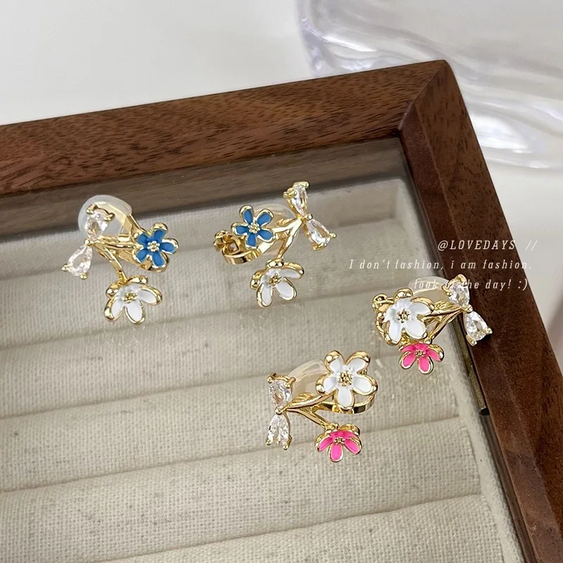 Colorful Enamel Flower Zircon Clip On Earrings For Non Pierced Ears Unique Design Fashion High Quality Lightweight Daily Party