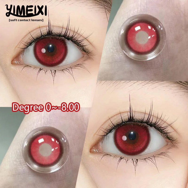 YIMEIXI 2Pcs Red Eye Lenses Colorcon Korean Lenses Colored Contact Lenses with Degree Myopia Lenses Color Cosmetic Free Shipping