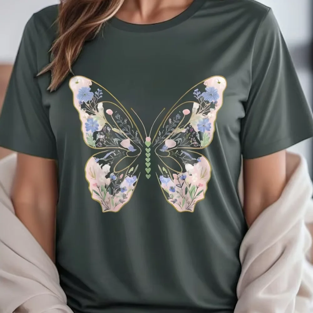 

Футболка с графическим рисунком Футболка с цветочным принтом и бабочкой 100% хлопок Высокое качество Oversize Красочная футболка с цветочным принтом и бабочкой Boho Y2K Vibe