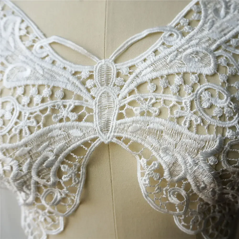 White Butterfly Collar Embroidered Wedding Gown Appliques Lace Fabric Sew On Patches For Dress DIY Decoration