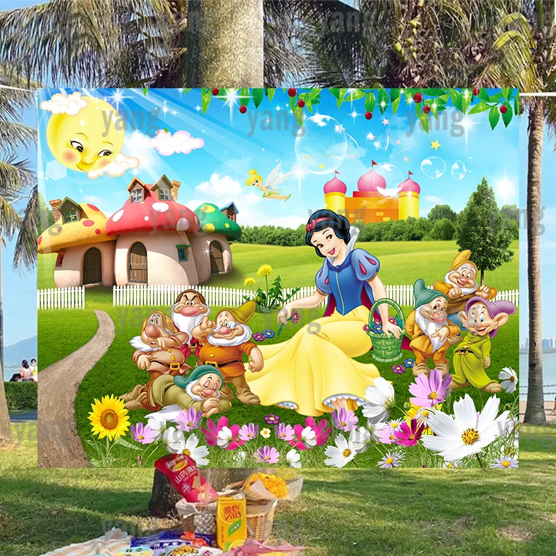 Disney Cute Snow White And The Seven Dwarfs Princess Background Baby Birthday Party Decoration Mushroom House Backdrop Customize