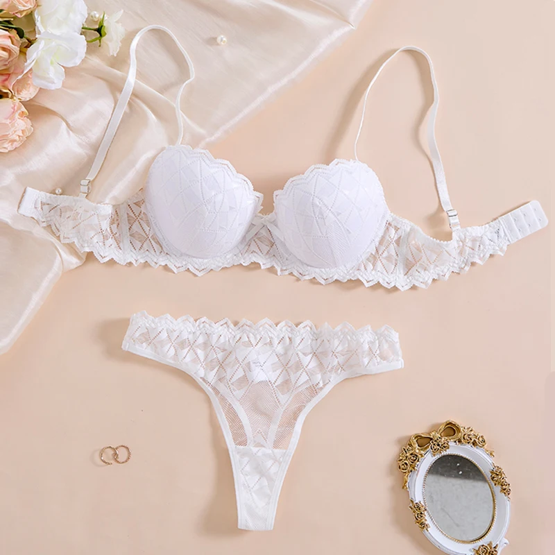 

Sexy Lingerie Set White Lace Underwear Half Cup Bra Set Seamless Underwear See through Fantasy Lingerie Sexy Women's Undearwear