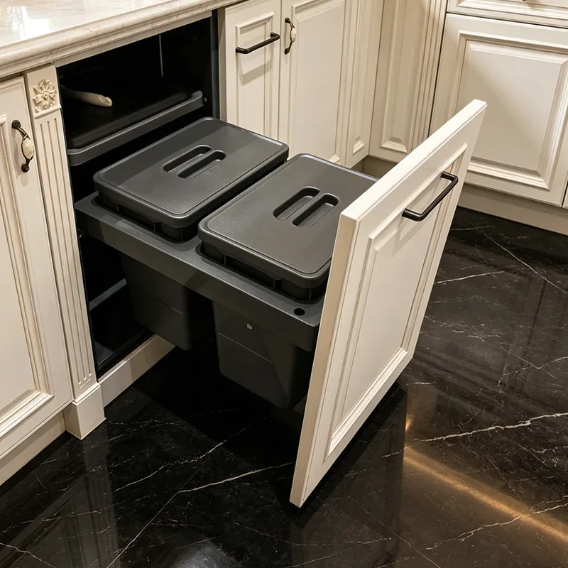 Kitchen Cabinet Slide-out Trash Container, Double Bin Drawer Organizer for Under Sink, Large Capacity Waste Sorting System.