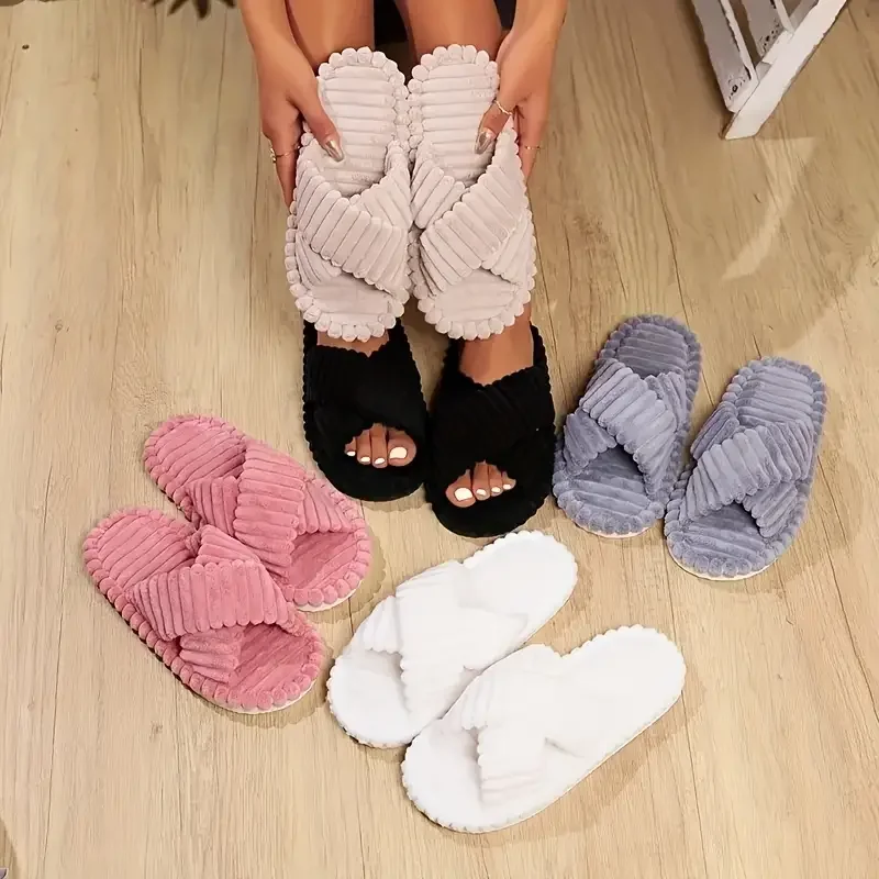 

Fall/Winter Women's Cross Strap Slippers, Comfortable Indoor Fleece Slip-On House Slippers, Fashion Home Slippers