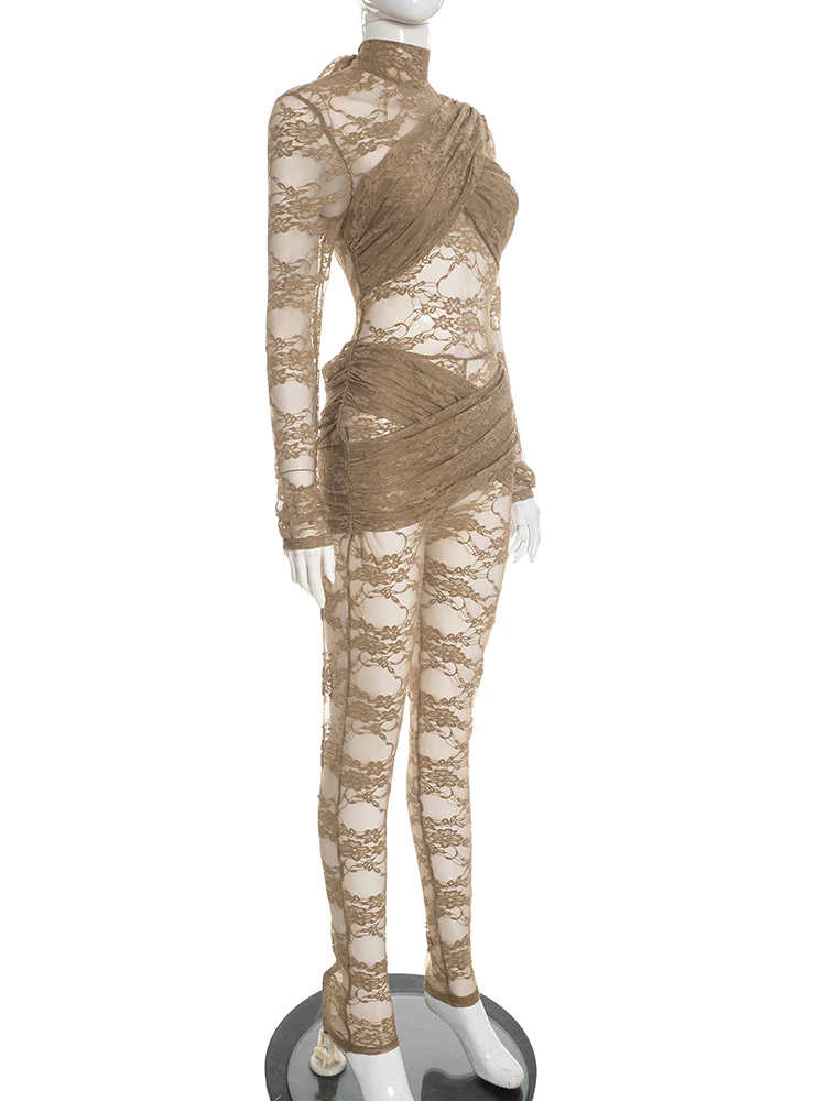 Kombinezon damski Leosoxs bez pleców, kokieteryjny, żakardowy, patchworkowy, z krzyżowymi wiązankami, elastyczny, z długim rękawem, idealny na imprezy i do klubu.