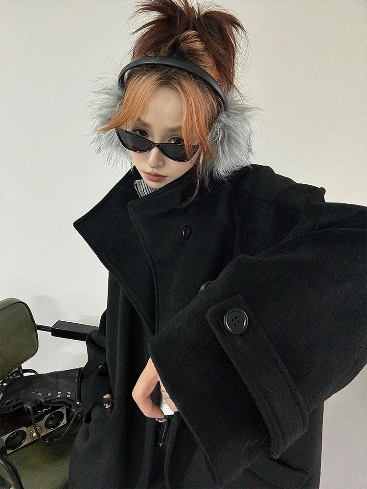 YERMORA Gray Pocket Casual Woolen Coat For Women Stand Collar Long Sleeve Overcoat Fashion Tide Autumn Winter 2024 New