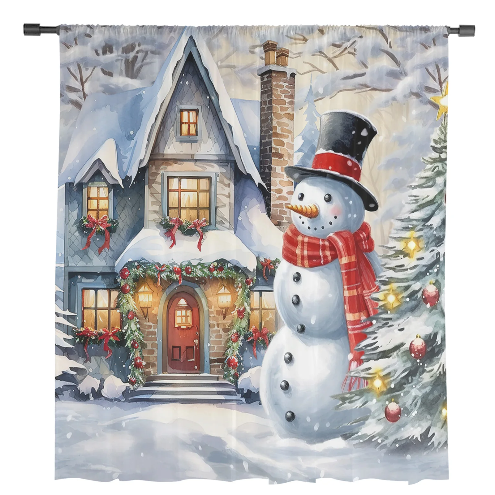 Christmas Snow Scene Snowman Sheer Curtains Christmas Home Decorations Window Tulle Curtains for Living Room Bedroom