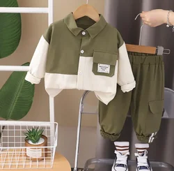 Toddler Outfit 2024 Spring Autumn Kids Baby Sets 1 To 2 Years Patchwork Cargo Turn-down Collar Shirts and Pants Infant Clothes