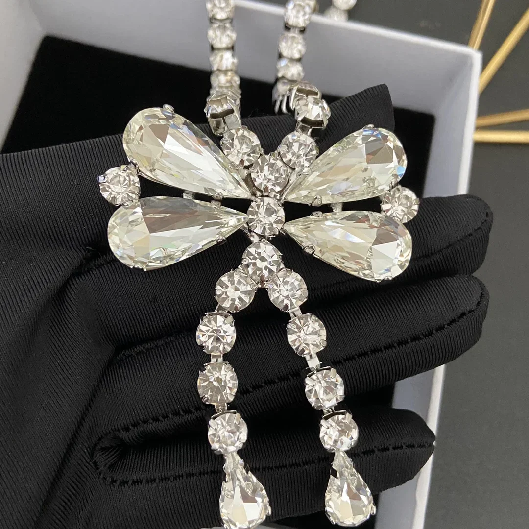 Crystal Bowknot Silver Pendant Long Necklace Sweater Chain Women Luxury Jewelry Trend