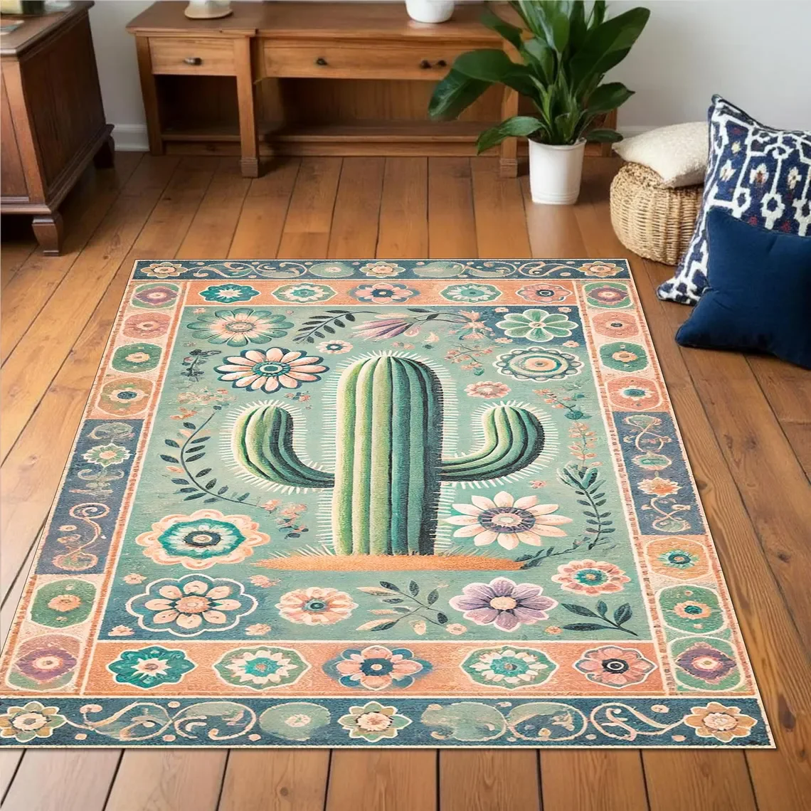 Boho Cactus Print Southwestern Style Area Rug Turquoise Desert Floor Mat for Western Themed Decor