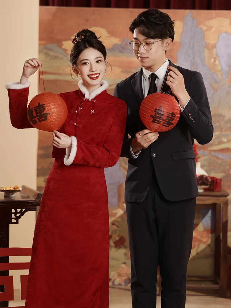 

Red Wedding Dr Suit Women's Qipao Engagement Parwear Fce Lined Return Home Small Size Vintage Sle mid Waist