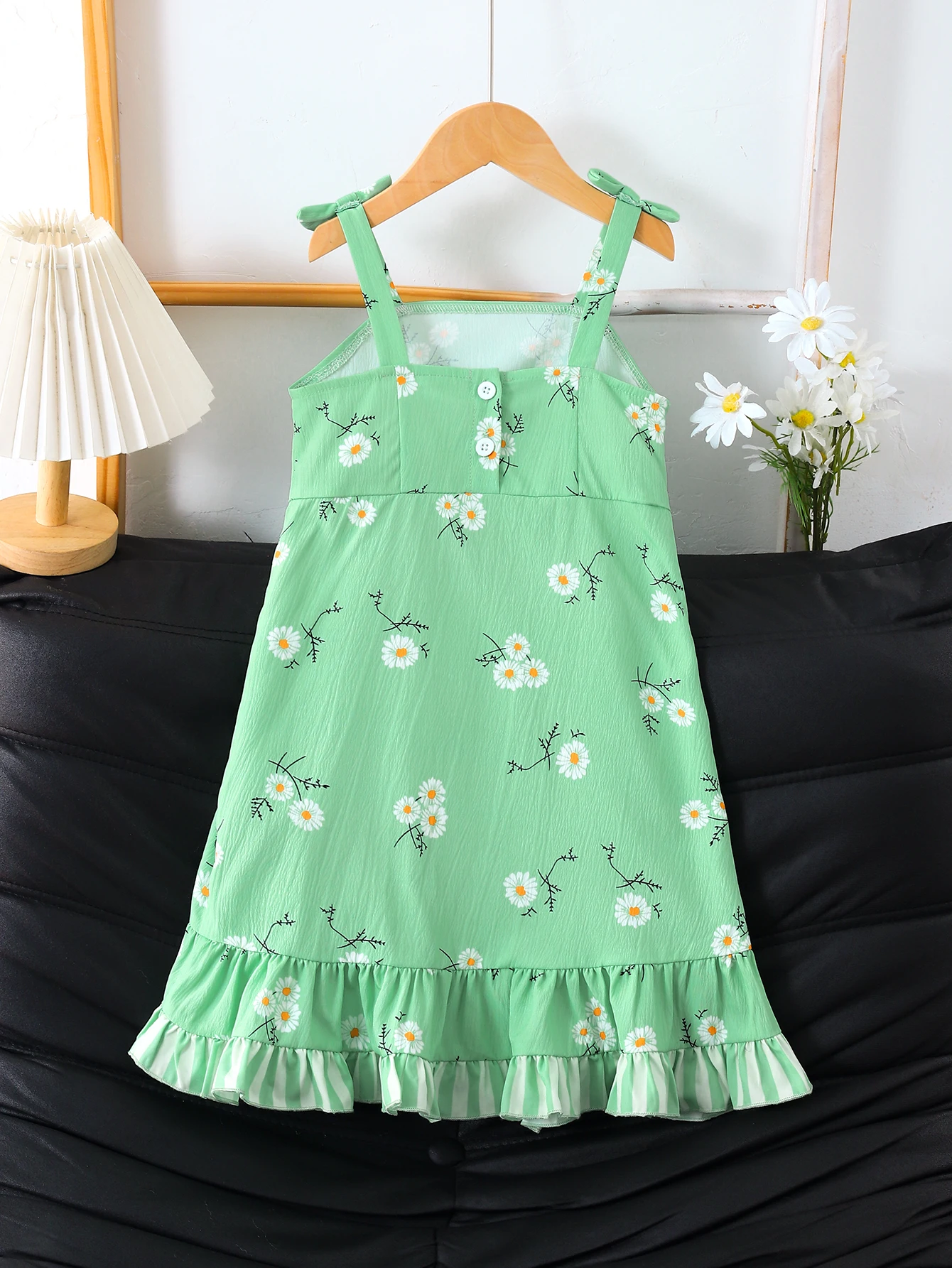 Summer New Green Daisy Print Girls Dress Baby Fresh Floral Drawstring Tail Skirt Cute Children's Clothing