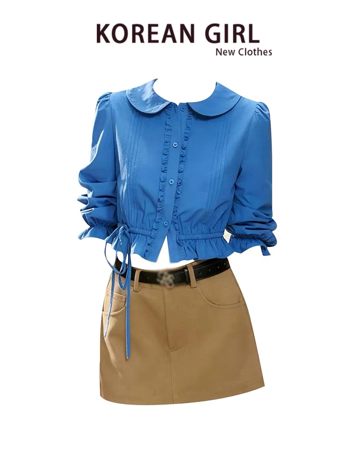 Korean Style Short Doll Collar Two-Piece Set Women's Fashion Autumn Collection Blue Polka Dot Bubble Sleeve High Waist Skirt