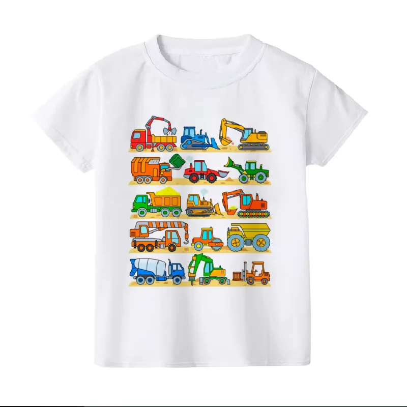 Summer Children Tshirt Construction Machines Print  Clothes TractorWork Zone  Kids Short Sleeved   Tee Tops