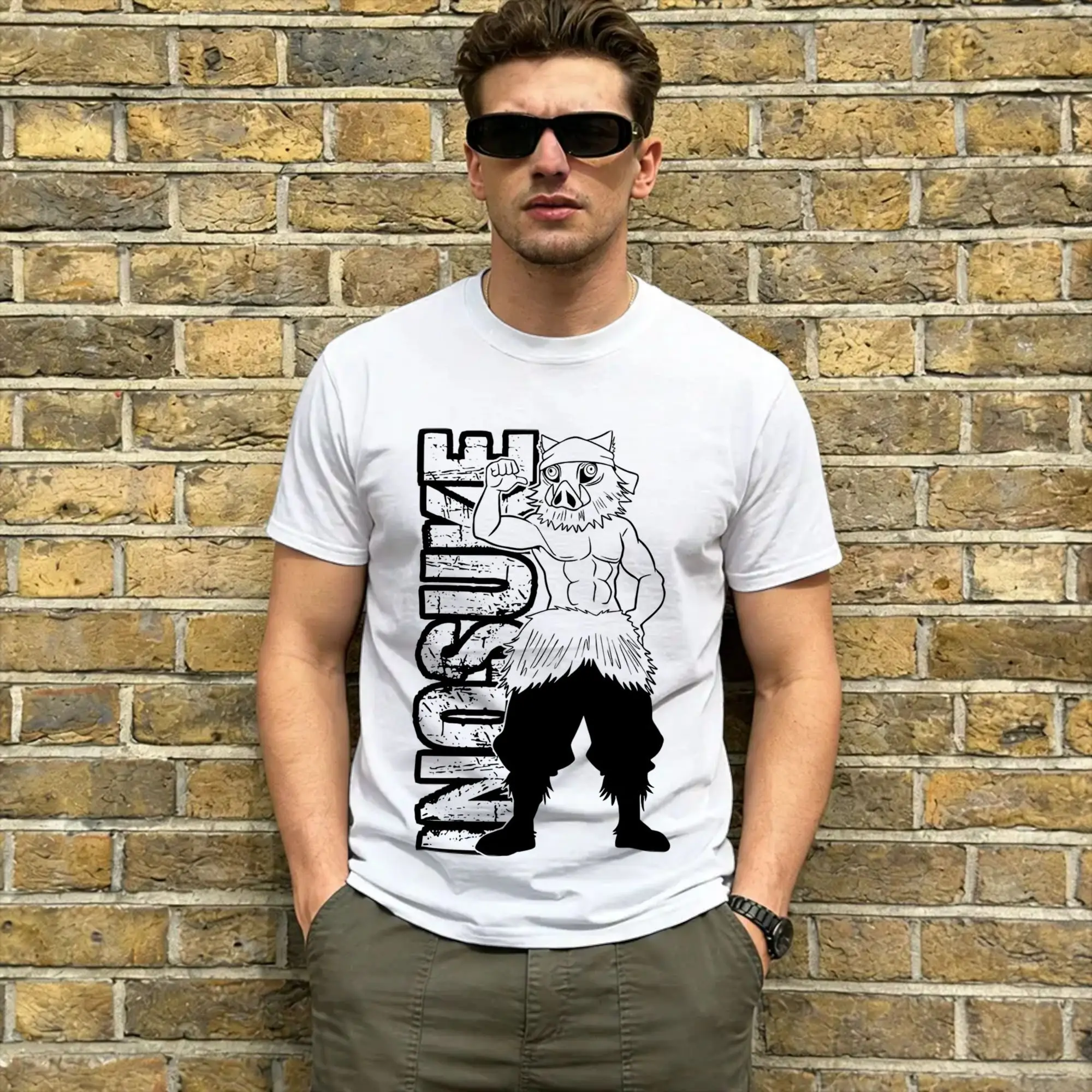Vintage T-Shirt Summer Inosuke Popular T Shirts Demon Slayered Cotton Tee Shirt for Men's Y2K Classic Short Sleeve Clothes