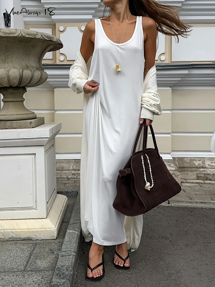 Mnealways18 White Knitwear Loose Tank Dresses Inner Sleeveless Ankle-Length Dress Women Casual Soft U-Neck Loose Midi Dress 2024