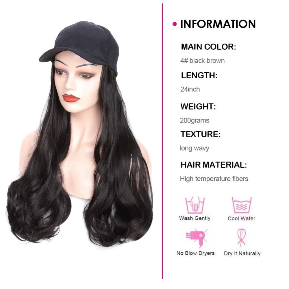 عبوة واحدة من قبعة بيسبول صناعية مموجة بطول 60.96 سم مع قطعة شعر مجعدة ( # 4 أسود بني مجعد) #2