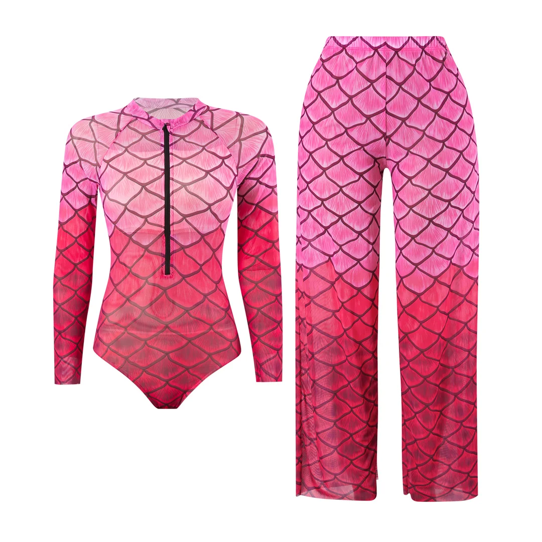 S - XXL Neu mit Hose, langärmelig, mit Reißverschluss, bedruckt, einteiliger Badeanzug, Damen-Badebekleidung, gepolsterter Badeanzug, Badeanzug, Schwimmanzug V7337 – Detail 2