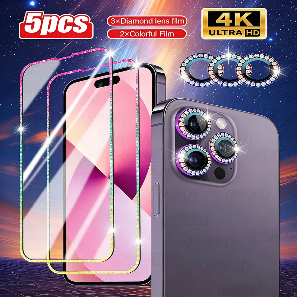 NNBILI 2 Stück HD-Displayschutzfolie aus gehärtetem Glas mit regenbogenfarbenem, glänzendem Diamantrand + 3 bunte Diamant-Linsenschutzfolien, für iPhone