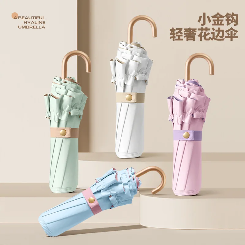 Solid Color Lace Folding Curved Hook Umbrella, Color Glue Sun UV UPF50+ Protection, Women's Lightweight Portable Parasol