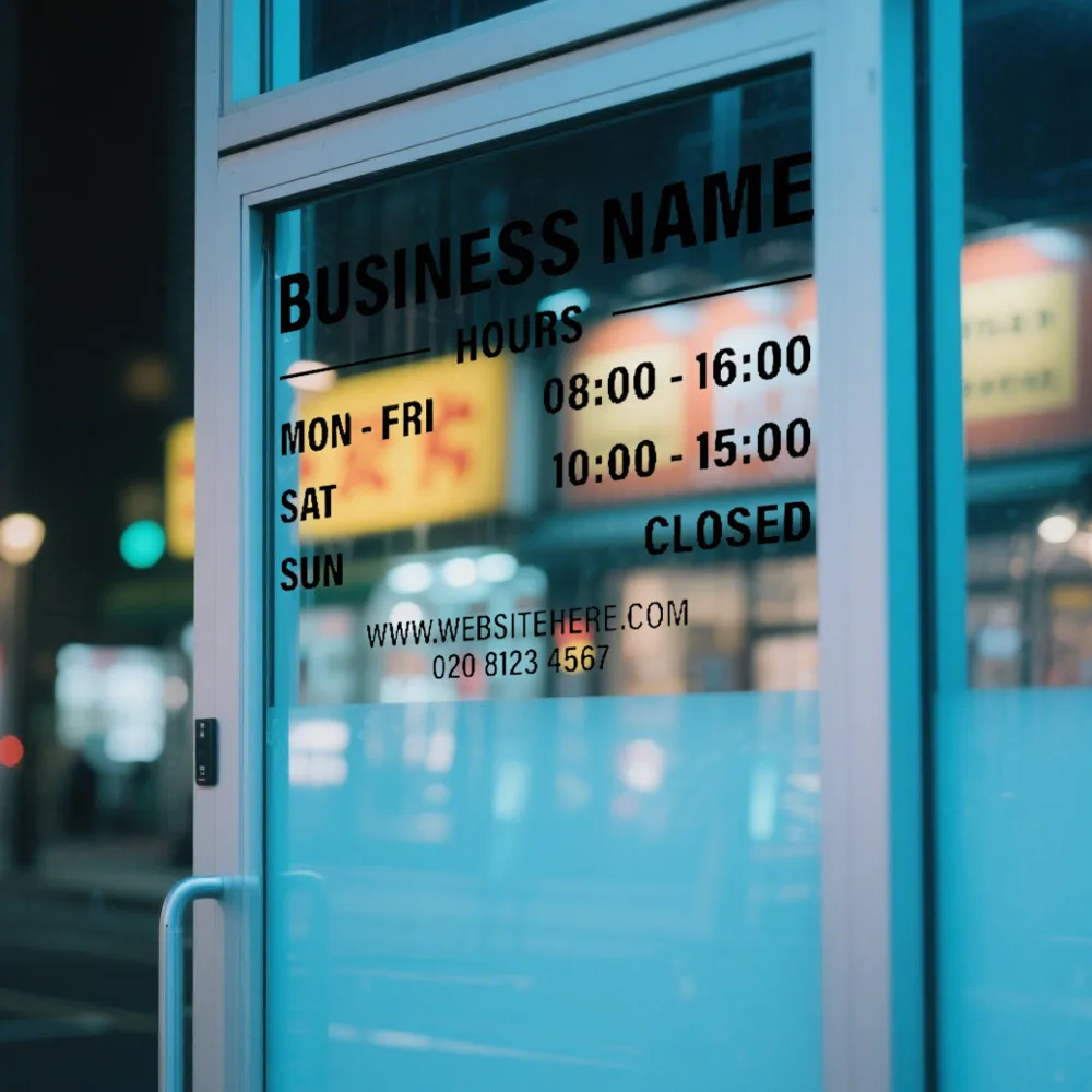 OPENING HOURS with custom business name | Shop Owner Open Closed Window Door Vinyl Sticker
