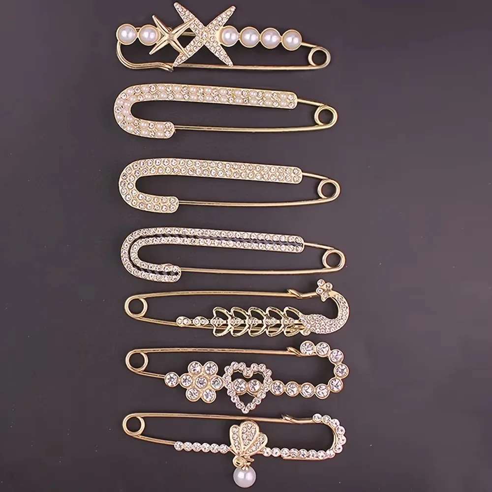 7pcs Fashion Rhinestone Brooch Pin Anti-Slip Adjustment Button Cardigan Scarf Decoration for Women's Suit Access