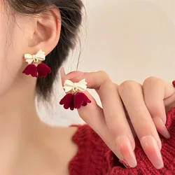 Fashion Small Bowknot Flocking Tulip Earrings Female Brincos Winter Wine Red Lily of The Valley Clip on Earrings for Women Party