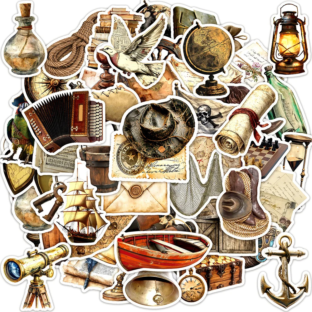 50 Pcs Nautical Adventure Vintage Stickers Pack, Decorate File Folder Phone Scrapbook Suitcase Skate Helmet Waterproof Decals