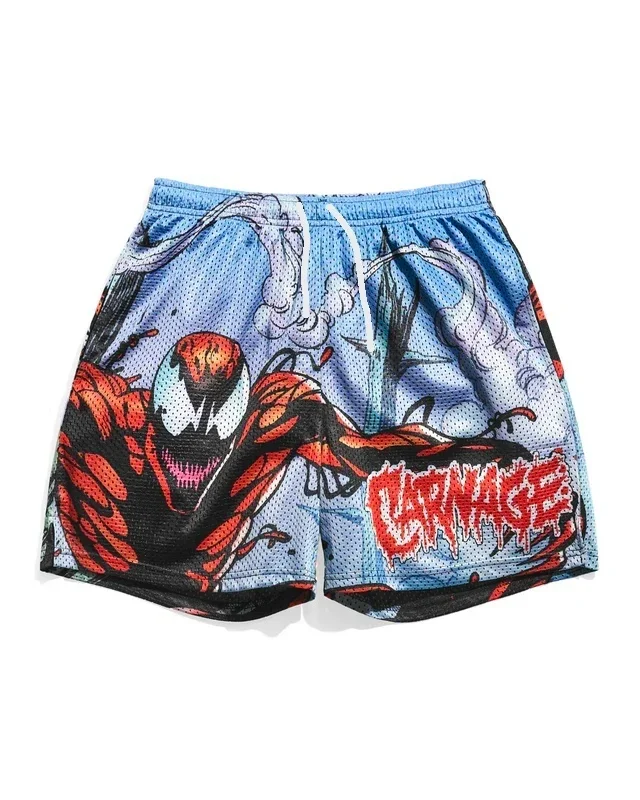 Retro-trendige, im Comic-Stil gehaltene, schwarz-weiße Linienkunst für Erwachsene und Kinder, farbenfrohe, 3D-gedruckte Sportshorts mit Helden-Patchwork – Detail 5