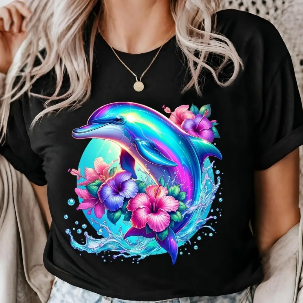 Ocean Dolphin Unisex Tee Marine Life Graphic T-Shirt Women Short Sleeve O Neck Tee Comfort Breathe Summer Graphic Tshirt