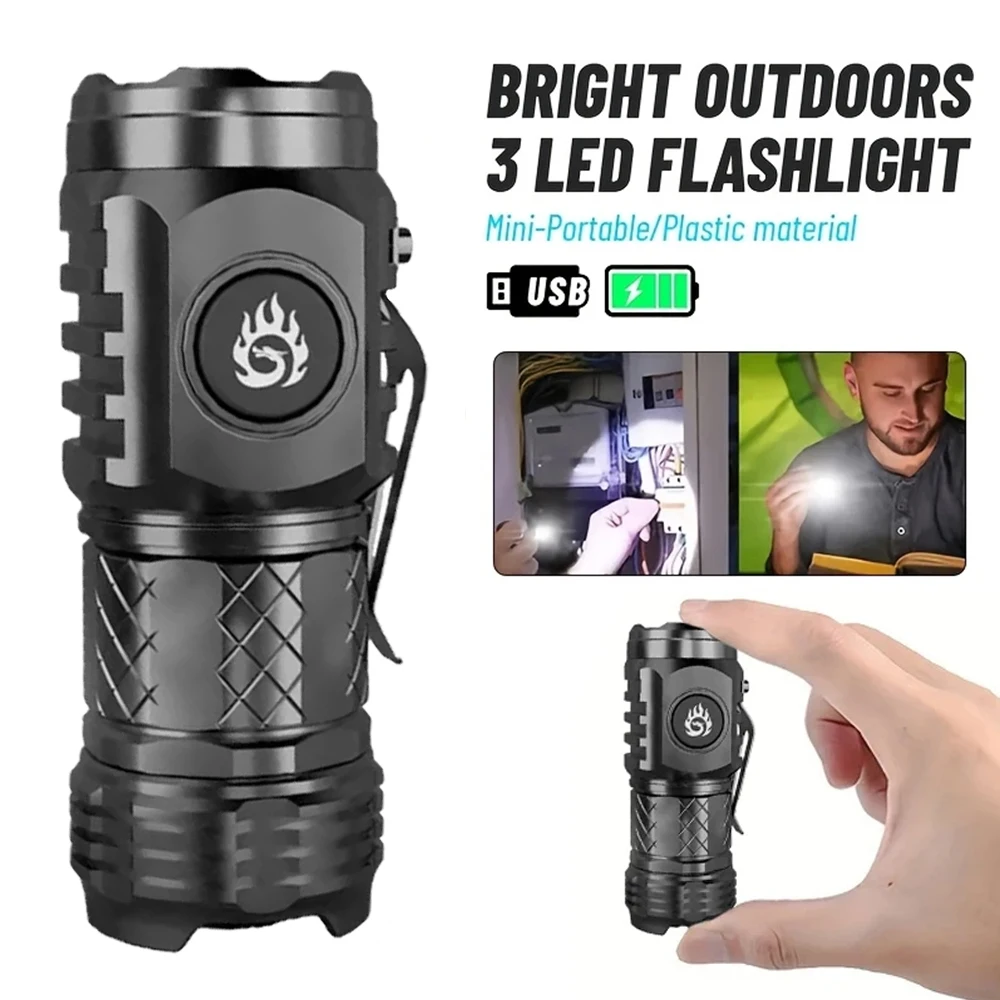 Powerful 3 LED Flashlight Portable Mini Flash Torch USB Rechargeable Emergency Spotlight with Pen Clip Super Bright Flashlight