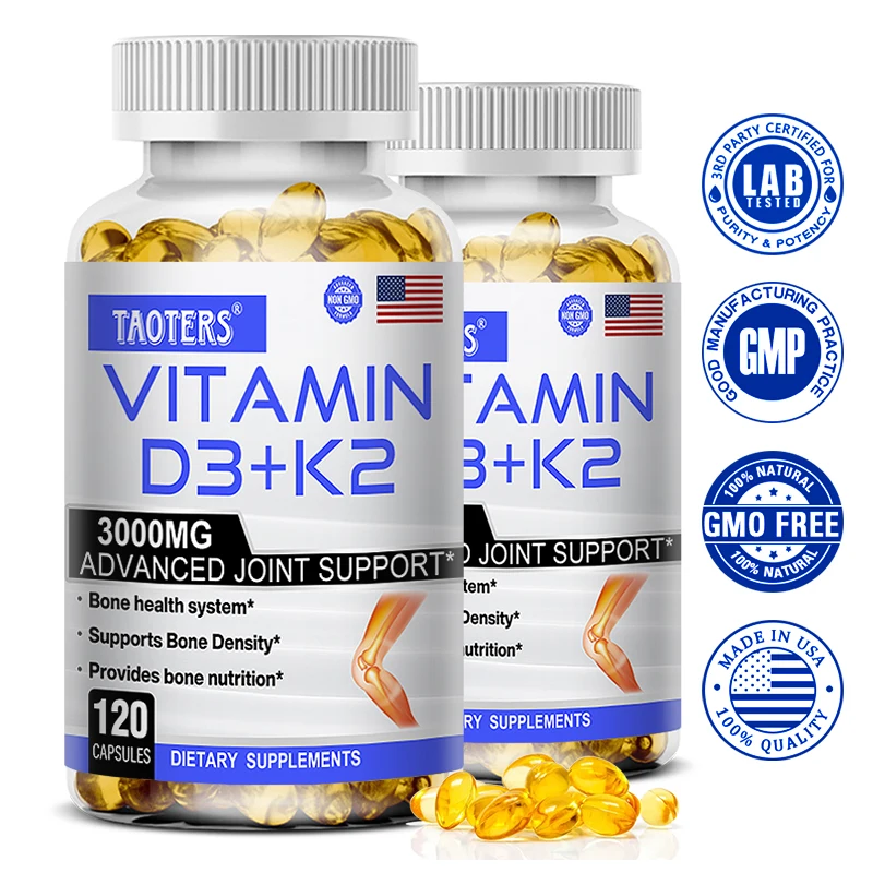 كبسولات فيتامين د3+ك2 - تساعد على تنظيم عملية التمثيل الغذائي في الكالسيوم ودعم الأسنان والعظام وصحة القلب وصحة المفاصل والمناعة