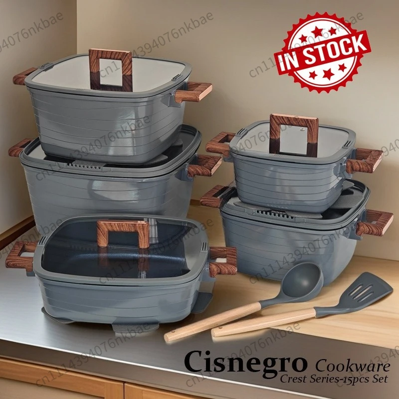 New Die-casting Square Soup Pot 15-piece Set with Bottom Covering Non-stick Electromagnetic Heat Conduction