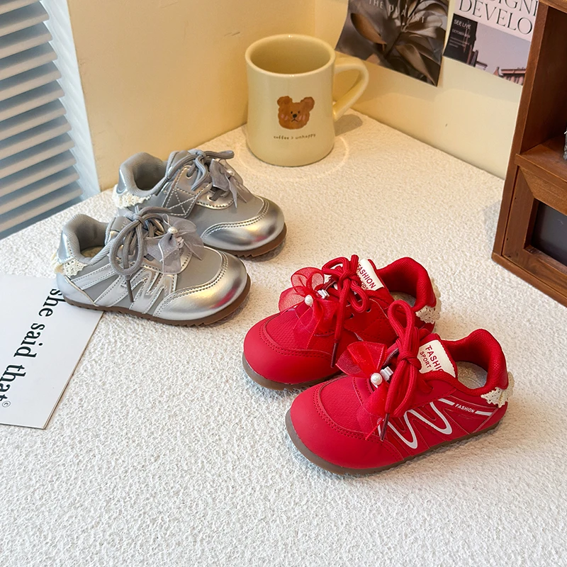 Kids'Casual Shoes Bow Pearl Fashion PU Leather Autumn Flat Shoes For Children Anti-slip Breathable Red Silver Shoes Size 23-34