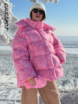 Oversized Printed Winter Coat 3 Women's Oversized Coats Print Hooded Padded Jackets Winter Female Stand Collar Long Sleeve Zipper Loose Puffy Coat New Outerwear 3