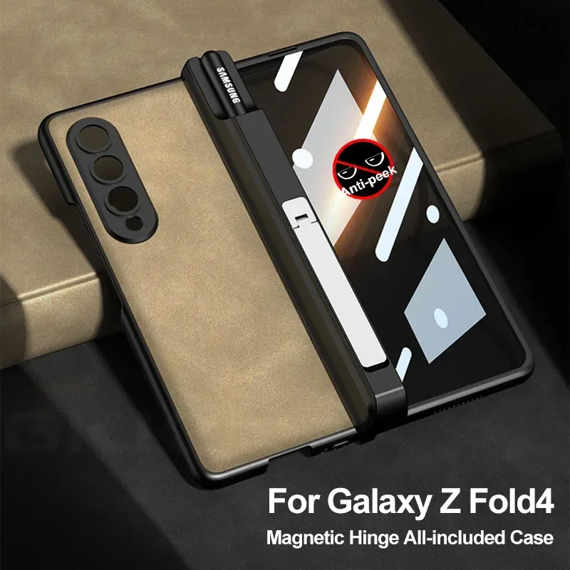 Anti-peek Glass Frosted Leather Case For Samsung Galaxy Z Fold 4 5G Magnetic Hinge Pen Holder Cover For Galaxy Z Fold 4 Cases