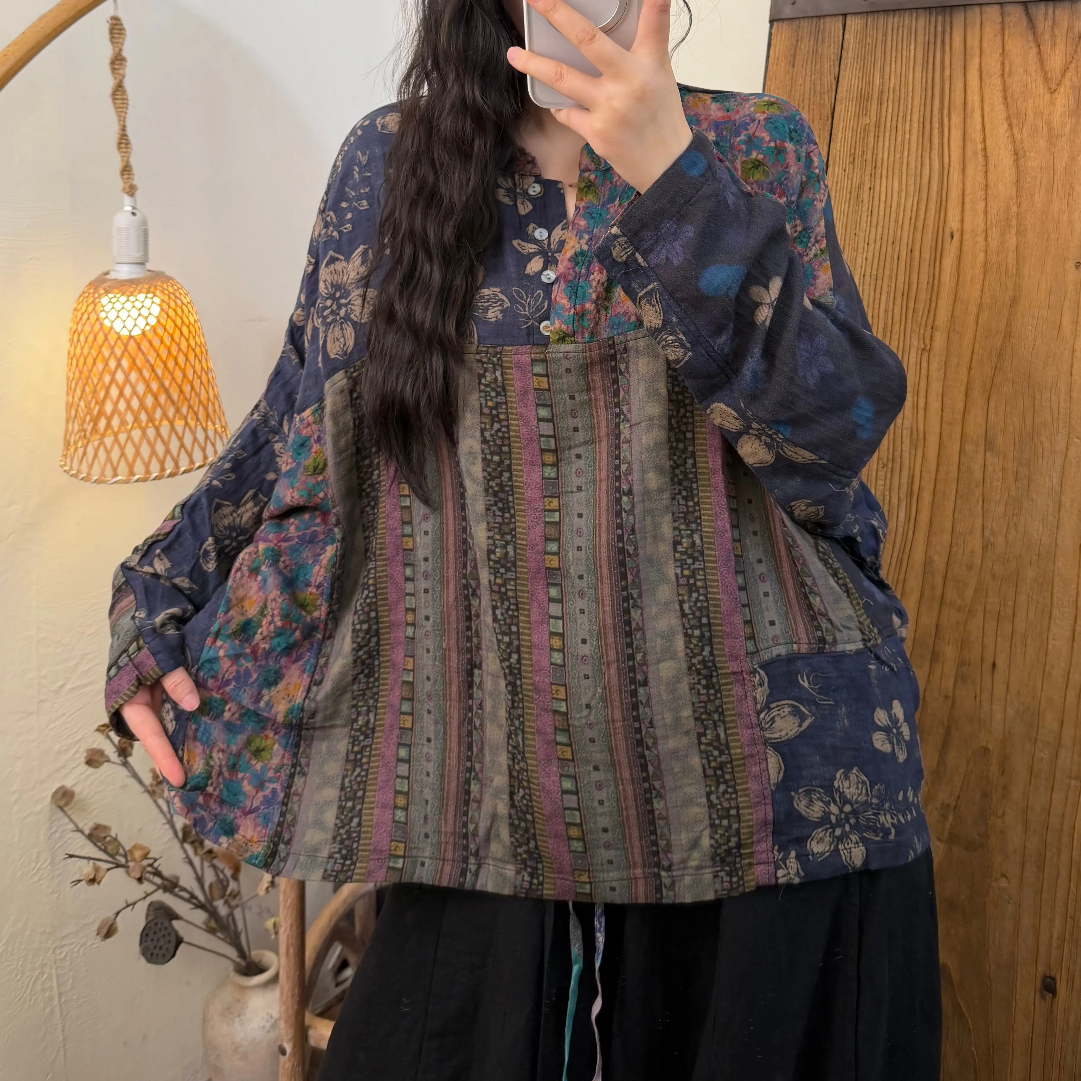 SuperAen 2026 Autumn New Korean Style Retro Soft Cotton Yarn Patchwork Digital Print Oversize Pullover Casual Tops