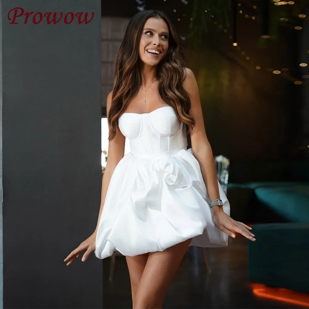 

Prowow Modern Sweetheart Puffy Short Wedding Dress Pleat Soft Satin A-line Mini Bridal Gown Customized Lace-up Back