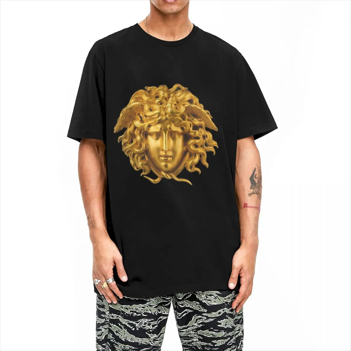 Funny Elegant Chic French Golden Haired Medusa Mask Tshirts Men 100%Cotton Short Sleeve Mythological Greek Crewneck Summer Tops