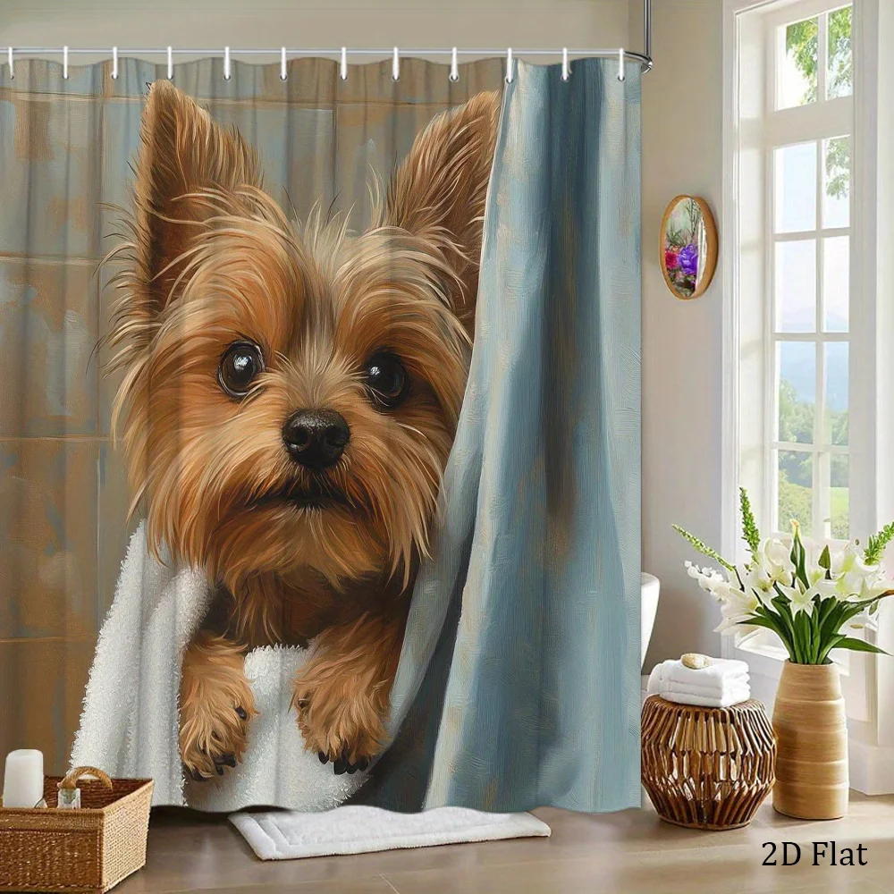 1pc 2D Flat Yorkshire Terrier Puppy in Towel Behind Blue Curtain Shower Curtain, Hyper-realistic Details, Warm Beige Tiled Bathr