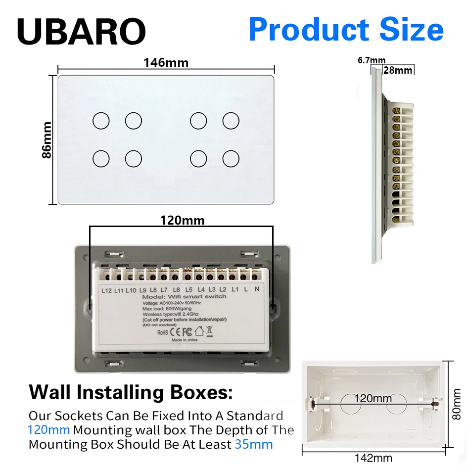 UBARO 146mm 10 Gang WiFi Smart Touch Switch, Voice/App/Timer Control, Tempered Glass Panel, Fits Standard 120mm Wall Box