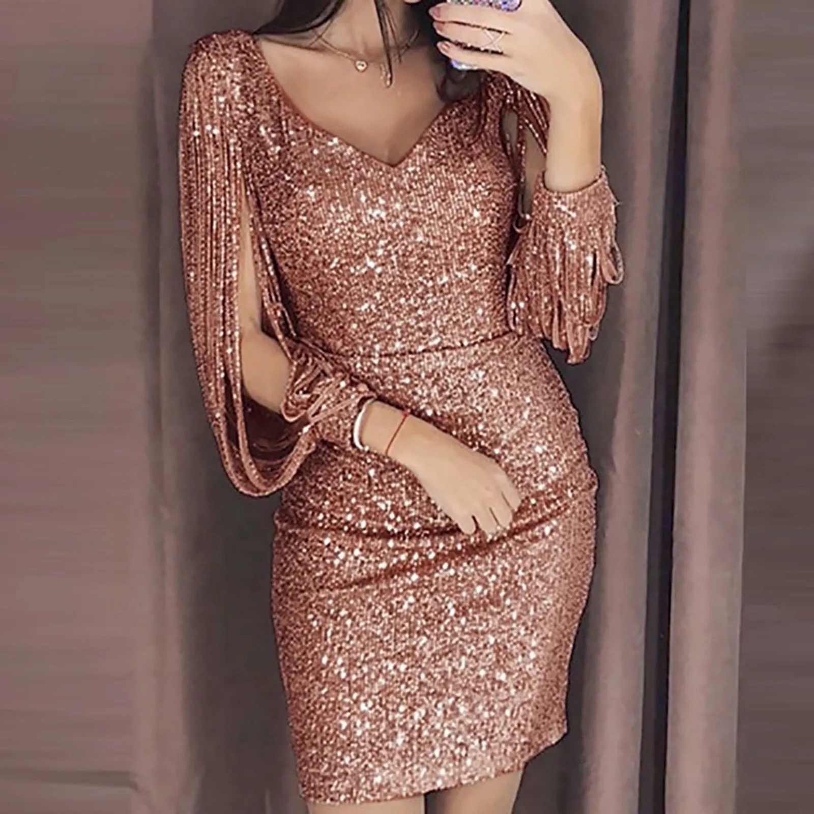 Women's Sexy Sequin Dresses Fringe Long Sleeve Buttock Nightclub Evening Party Dress V Neck Elegant Slim Dresses Ladies Clubwear