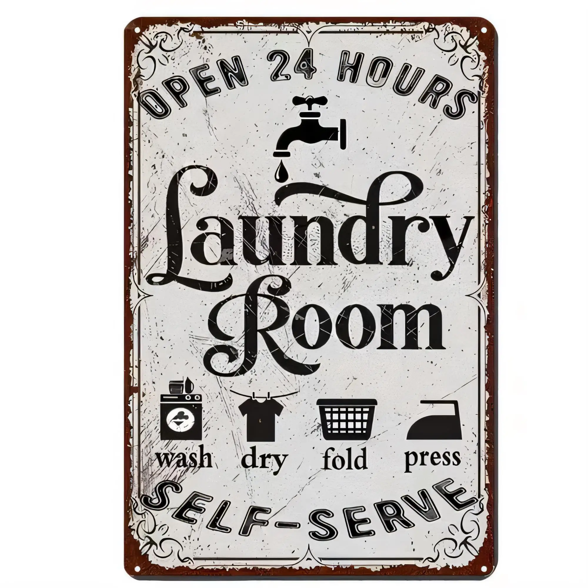 Tin Sign Laundry Room Open 24 Hours Vintage Farmhouse Metal Plaque Rustic Wall Decor Wash Dry Fold Press Self-Serve Laundry Shop
